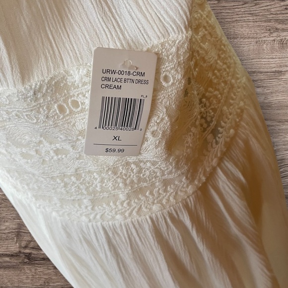 Women's Cream Button Lace Sheer Embroidered Boho Peasant Lined Maxi Dress XL - Picture 11 of 12